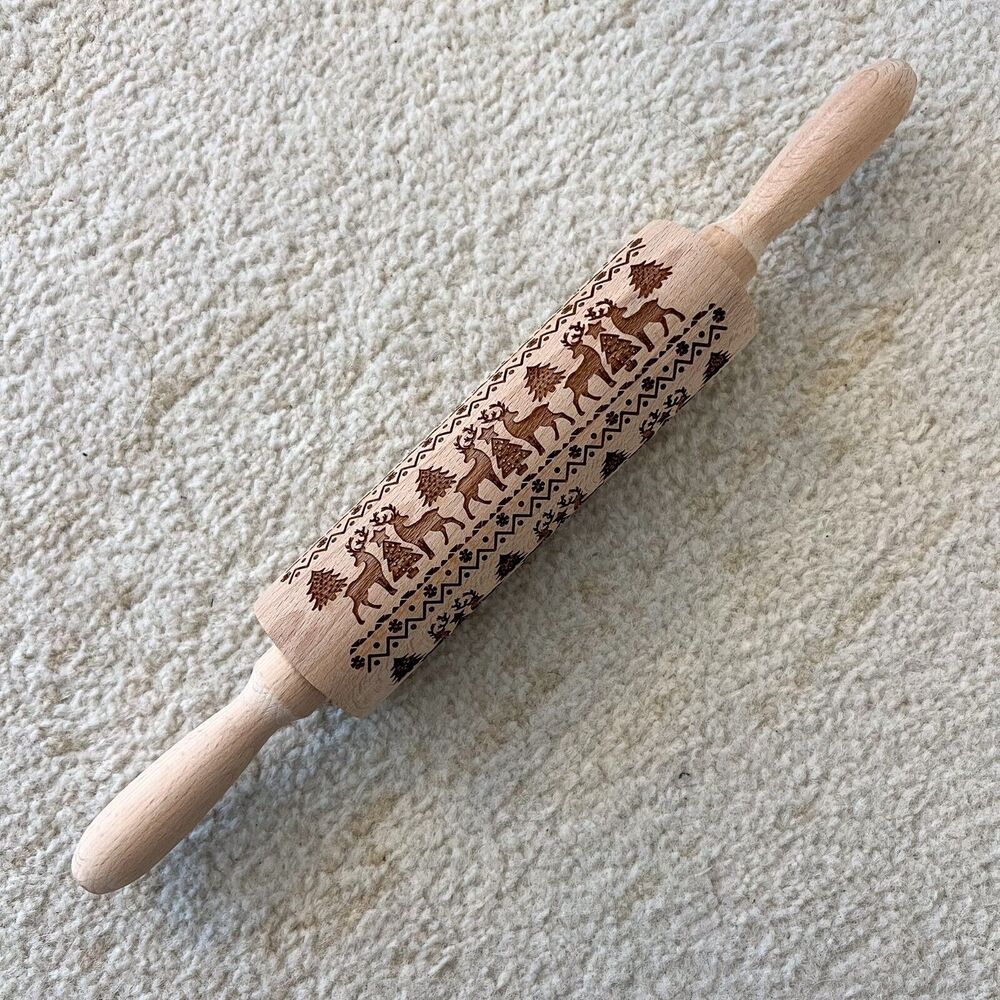 14in NEW Christmas Reindeer Trees Wooden Rolling Pin Engraved Rolling Pin